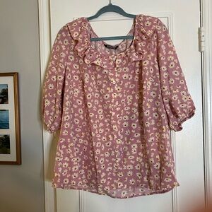 Daisy Print Ruffle Neckline Blouse